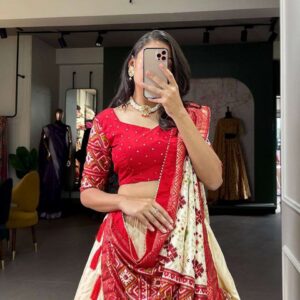 Women's Tussar Silk Patola Print Lehenga Choli Dupatta Set