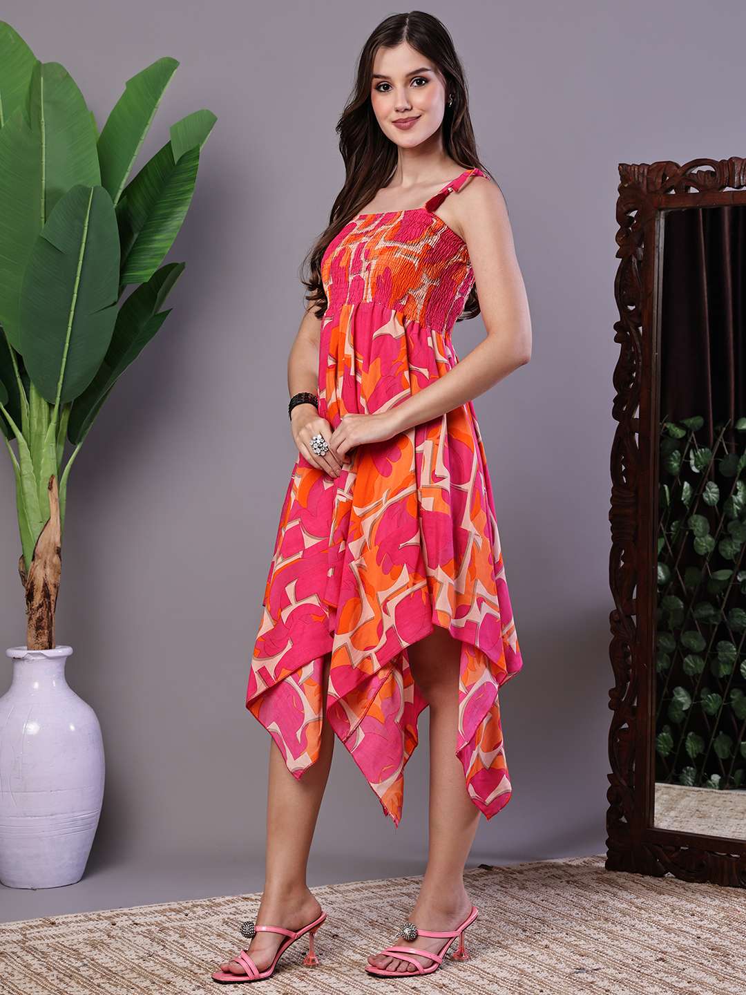 Women's Orange & Pink Printed Cotton Handkerchief Hem Dress Midi Dresses - Image 3
