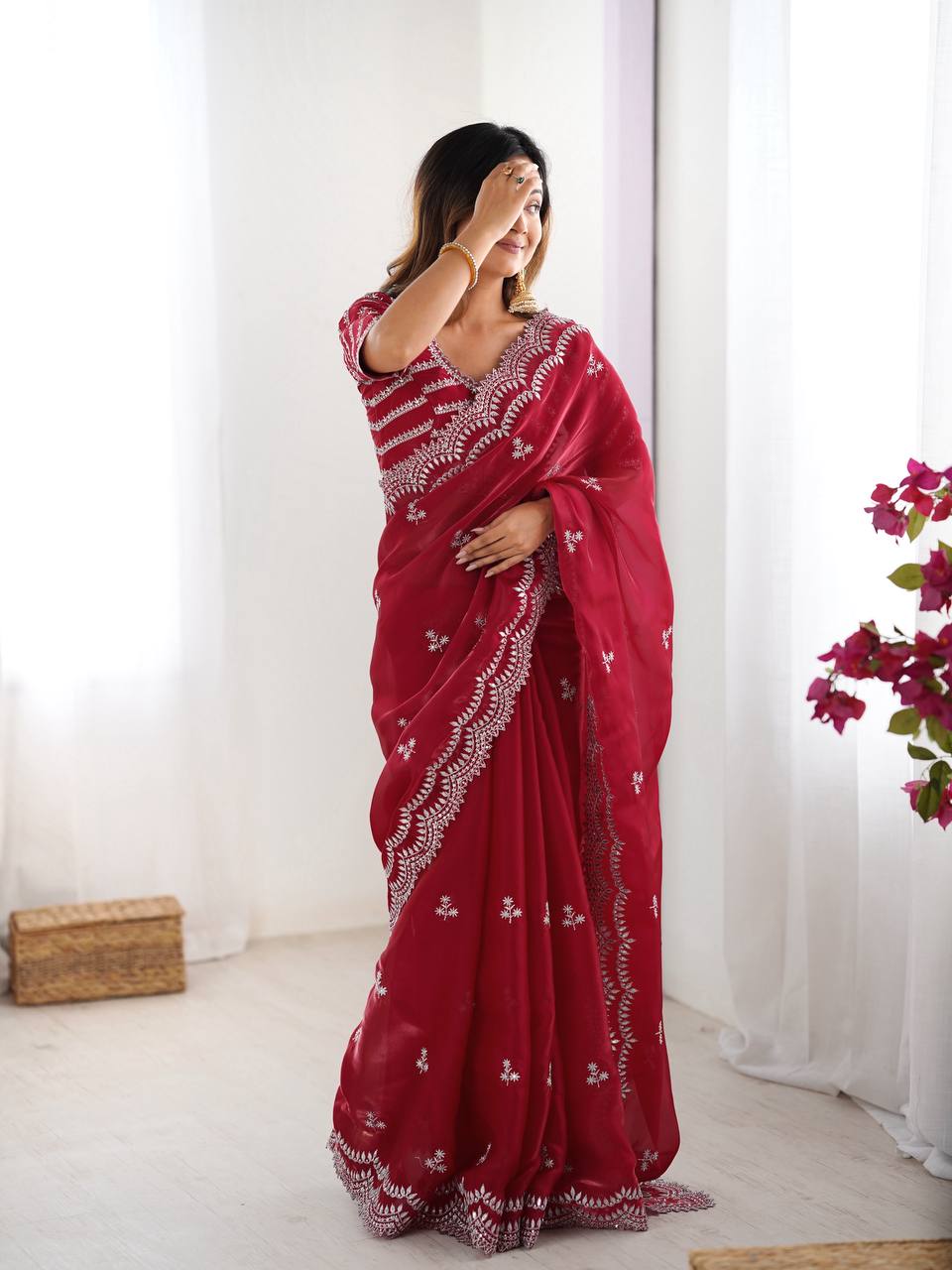 Women's Elegant Regal Purple Georgette Saree with Intricate Silver Thread & Sequin Embroidery – Complete with Embellished Blouse Piece for Festive & Party Wear - Image 25